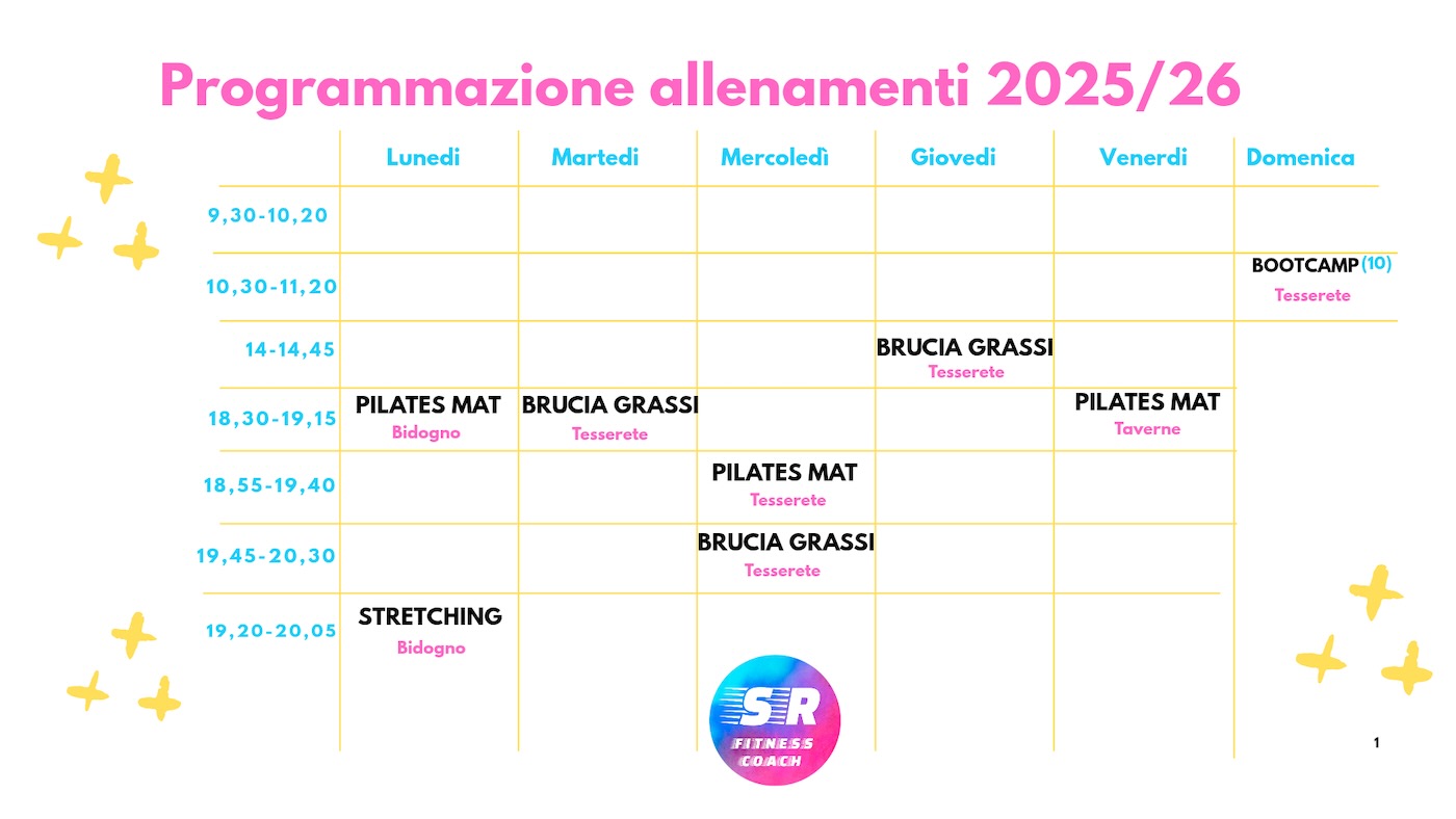 Calendario corsi fitness 2025/2026 a Tesserete, Bidogno e Taverne