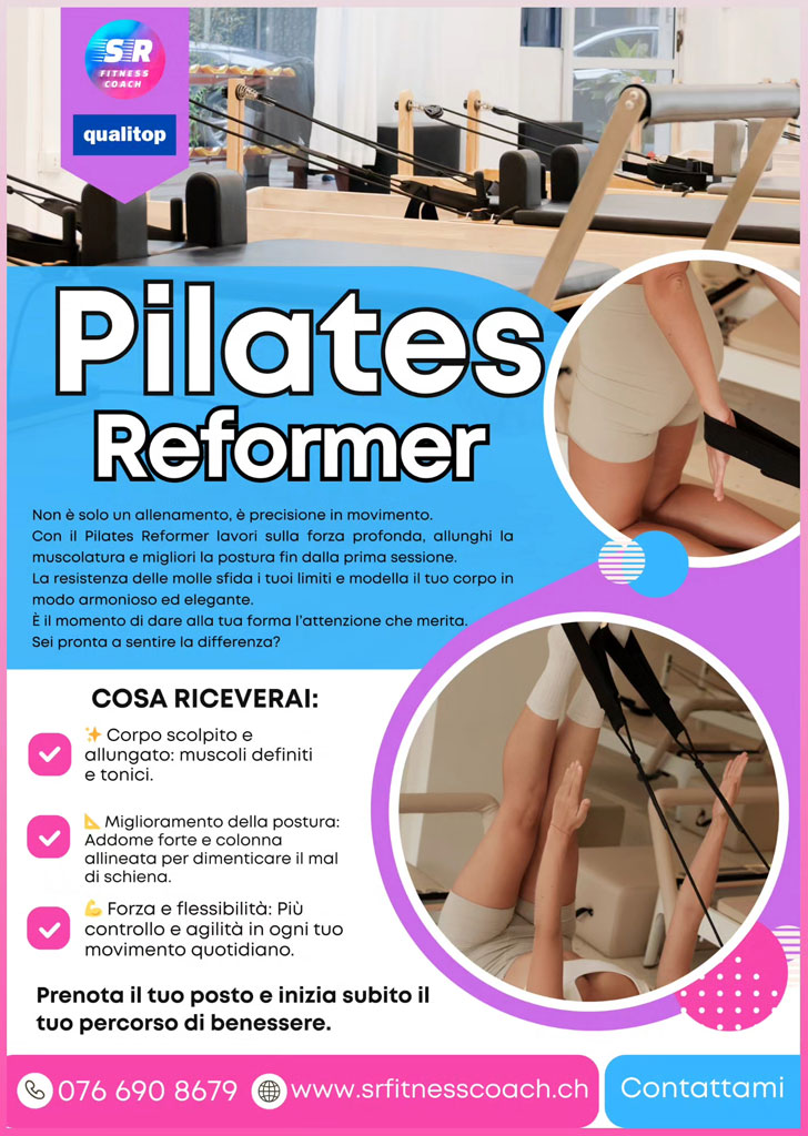 Locandina informativa sui benefici del Pilates Reformer con immagini di esercizi su macchinario